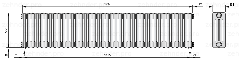Схема (чертеж) Радиатор Zehnder Charleston 4055/39 №5310 Белый глянцевый RAL 9016